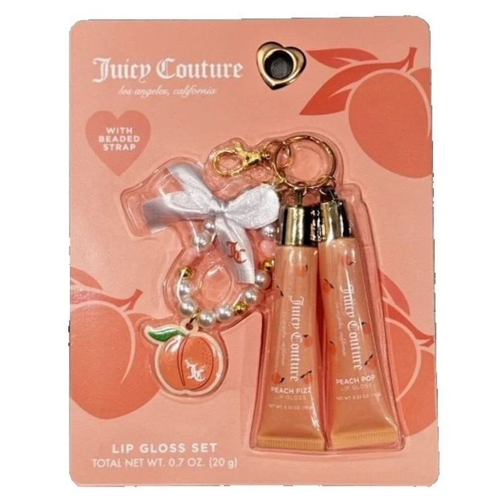Juicy Couture Peach Liquid Lip Gloss Set Shine Effect w/ Beaded Strap Charm